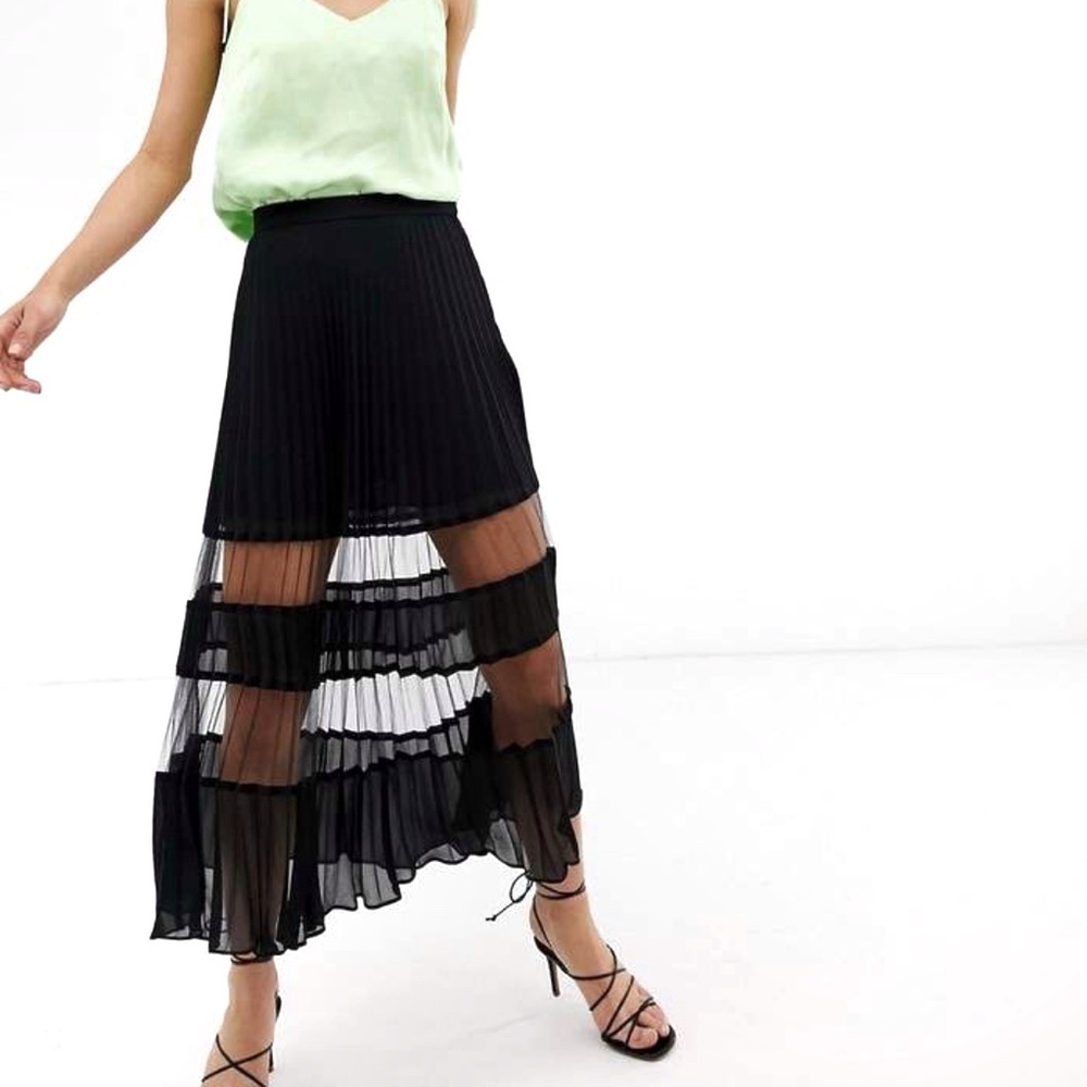 Stockholm Atelier & Other Stories Black Pleated Midi Skirt Mesh Panels Sz 12